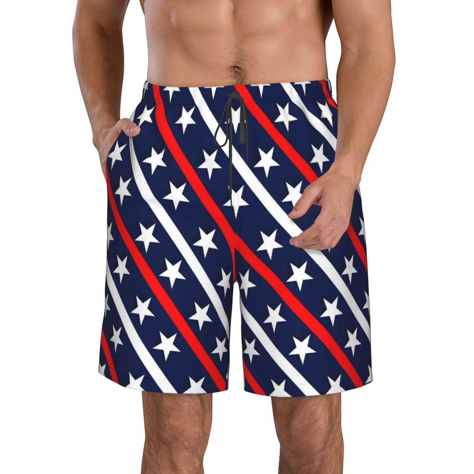 Kll Patriotic Star Pattern Men'S Casual Summer Beach Shorts Hawaiian Shorts With Pockets-Small
