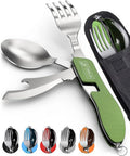 Orblue 4-in-1 Camping Utensils, 2-Pack - Portable Stainless Steel Spoon, Fork, Knife & Bottle Opener Combo Set - Travel, Backpacking Cutlery Multitool, Green
