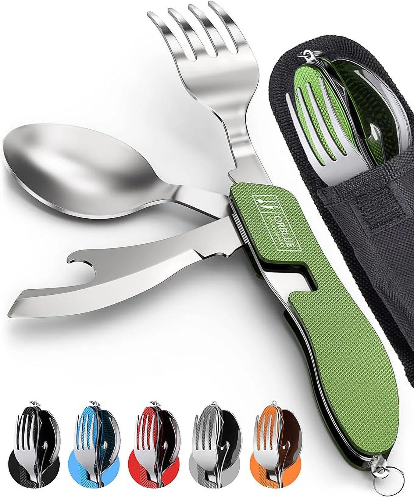 Orblue 4-in-1 Camping Utensils, 2-Pack - Portable Stainless Steel Spoon, Fork, Knife & Bottle Opener Combo Set - Travel, Backpacking Cutlery Multitool, Green