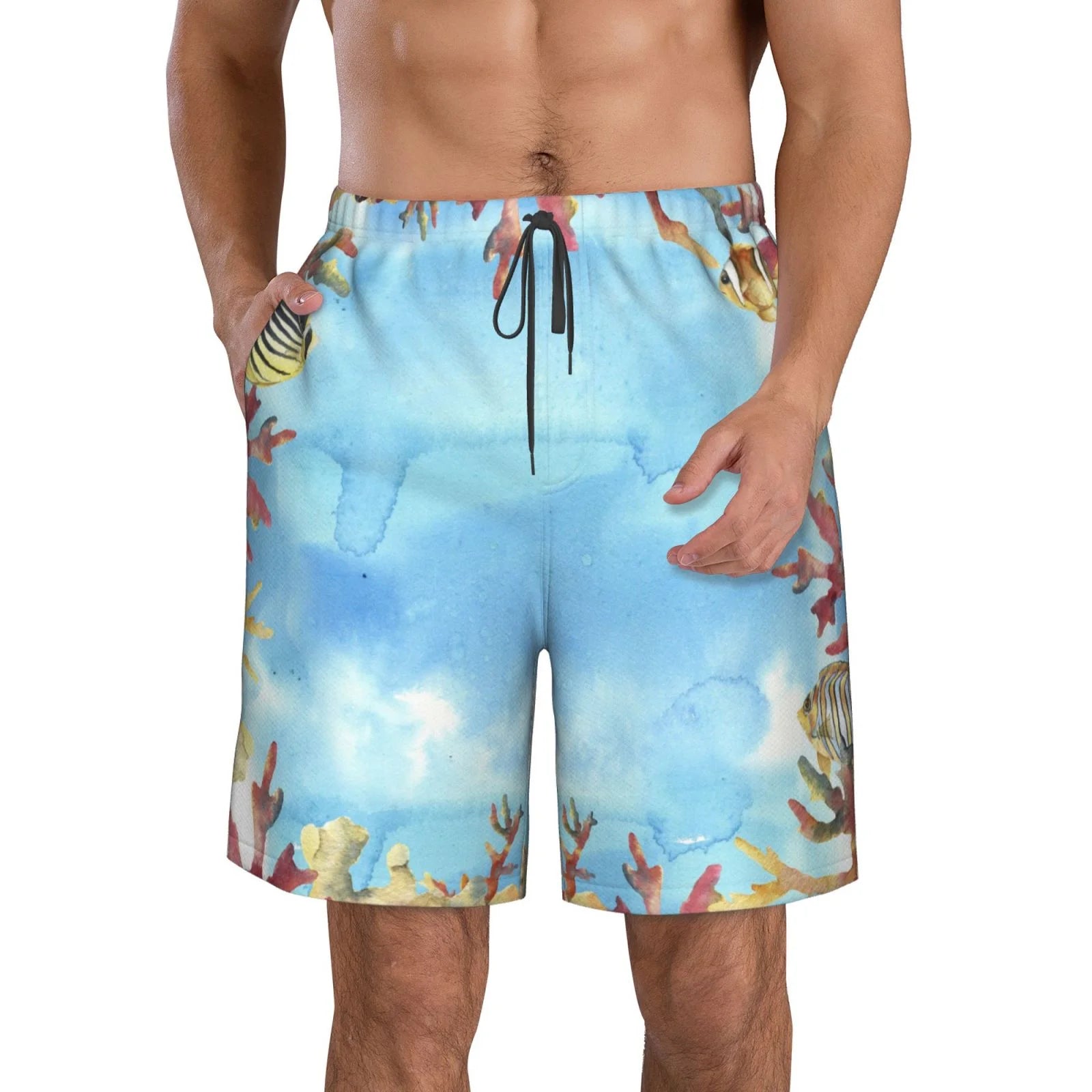 Kll Sea And Fish Men'S Casual Summer Beach Shorts Hawaiian Shorts With Pockets-Small