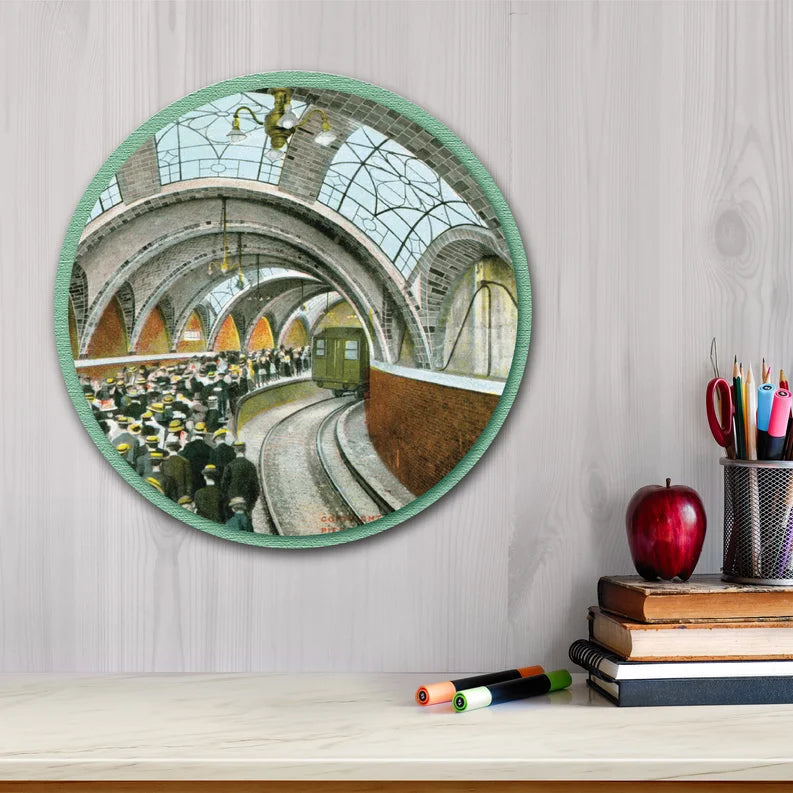 Courtside Market City Hall Loop Station NYC Postcard Circular Wood Decor