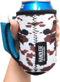 Lit Soda Can Handle - 12Oz Can Cooler Sleeves Neoprene Material For Beer, Soda & Other Drinks - Reusable Beverage Holder W/Handle & Pocket (Cowhide W/Turquoise Leather)