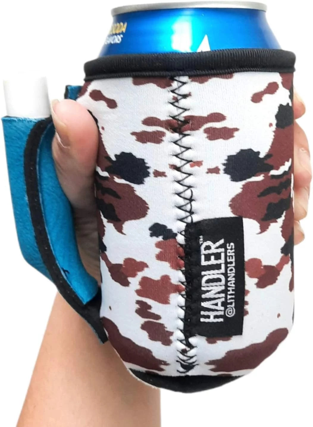 Lit Soda Can Handle - 12Oz Can Cooler Sleeves Neoprene Material For Beer, Soda & Other Drinks - Reusable Beverage Holder W/Handle & Pocket (Cowhide W/Turquoise Leather)