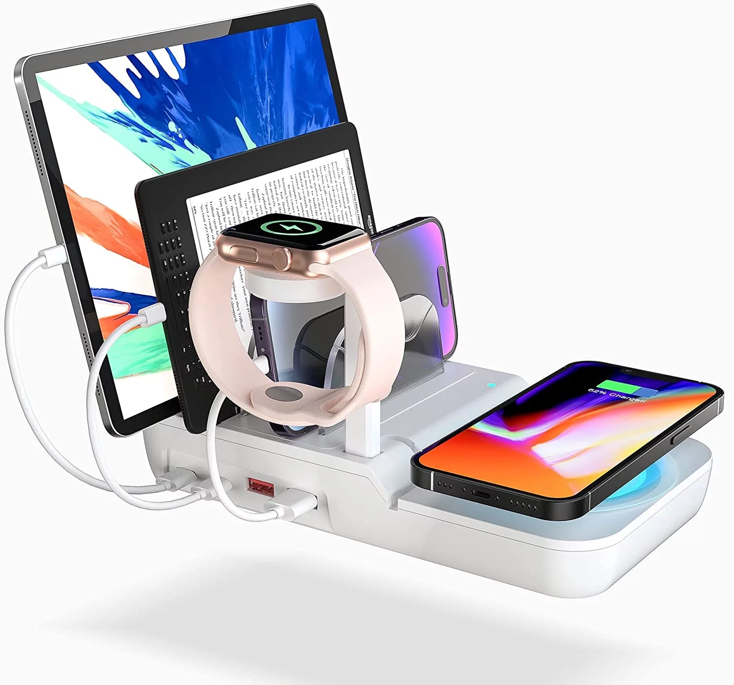 70W Charging Station for Multiple Devices, 5 in 1 Fast Charging Dock with 10W Max Wireless Charger and 4 Ports (White)