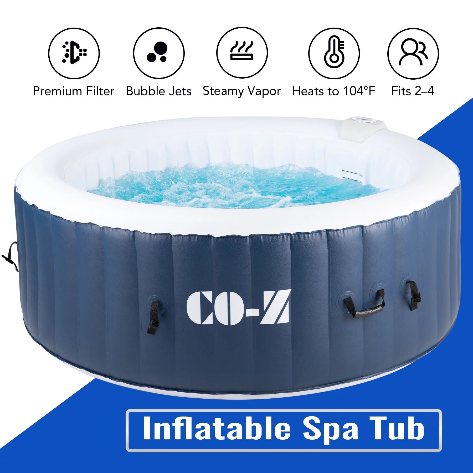 CO-Z 6x6ft PVC Round Inflatable Spa Tub w Heater & 120 Massaging Jets for Patio & More for 4-person Blue