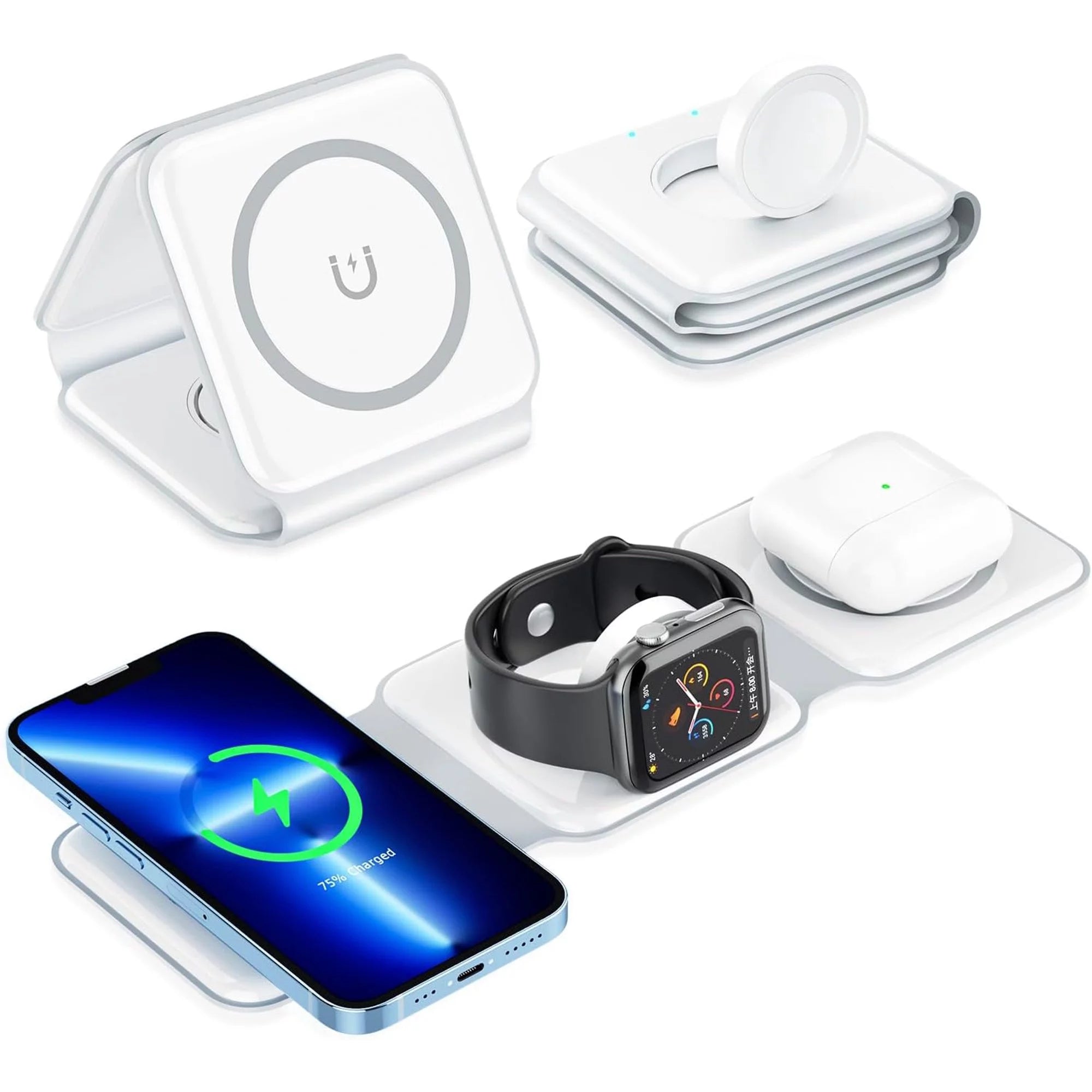 Cincofelia 3 in 1 Charging Station for iPhone, Magnetic Foldable Wireless Charger for iPhone 14 13 12 11/Pro/XS/XR,AirPods 3/2/Pro, Charger Dock Station for iWatch 7/6/5/4/3/2, White