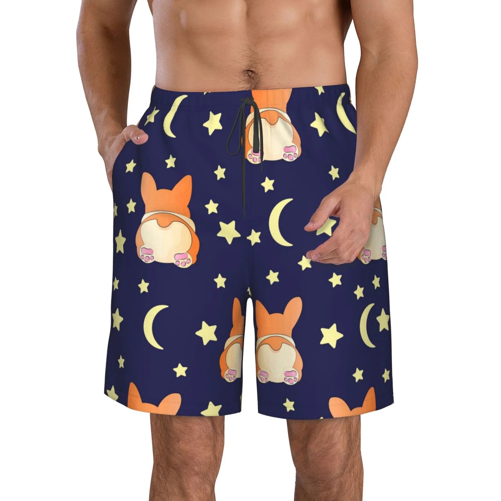 Kll Corgi Lying With Moons And Stars Men'S Casual Summer Beach Shorts Hawaiian Shorts With Pockets-Small