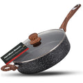 Hamilton Beach Saute Pan 11-Inch Nonstick Marble Coating, Wood like Soft Touch Handle, Multipurpose Fry Pans with Glass Lid, Chef Pan Stone Cookware Cooking Pan, Induction Bottom, PFOA Free