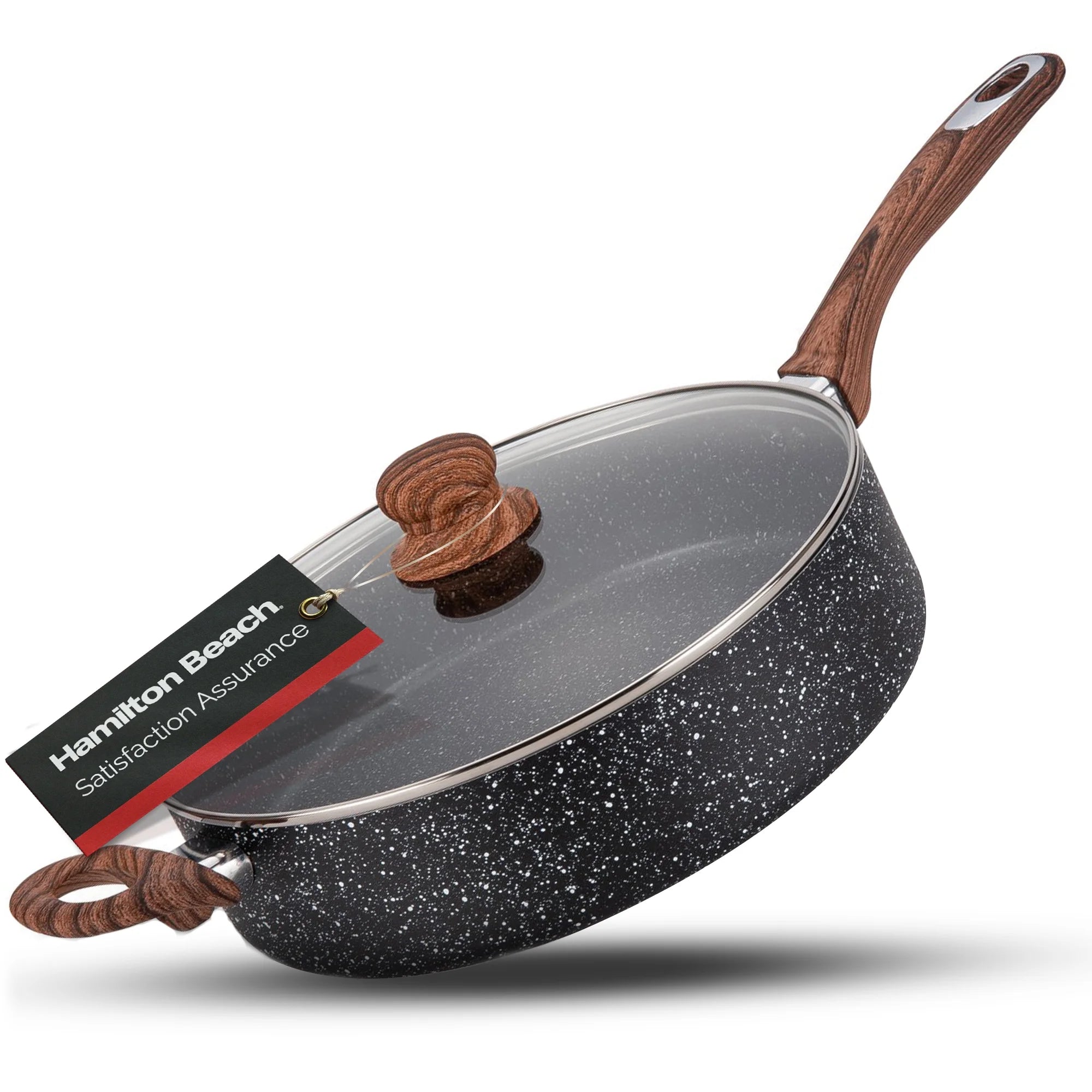 Hamilton Beach Saute Pan 11-Inch Nonstick Marble Coating, Wood like Soft Touch Handle, Multipurpose Fry Pans with Glass Lid, Chef Pan Stone Cookware Cooking Pan, Induction Bottom, PFOA Free