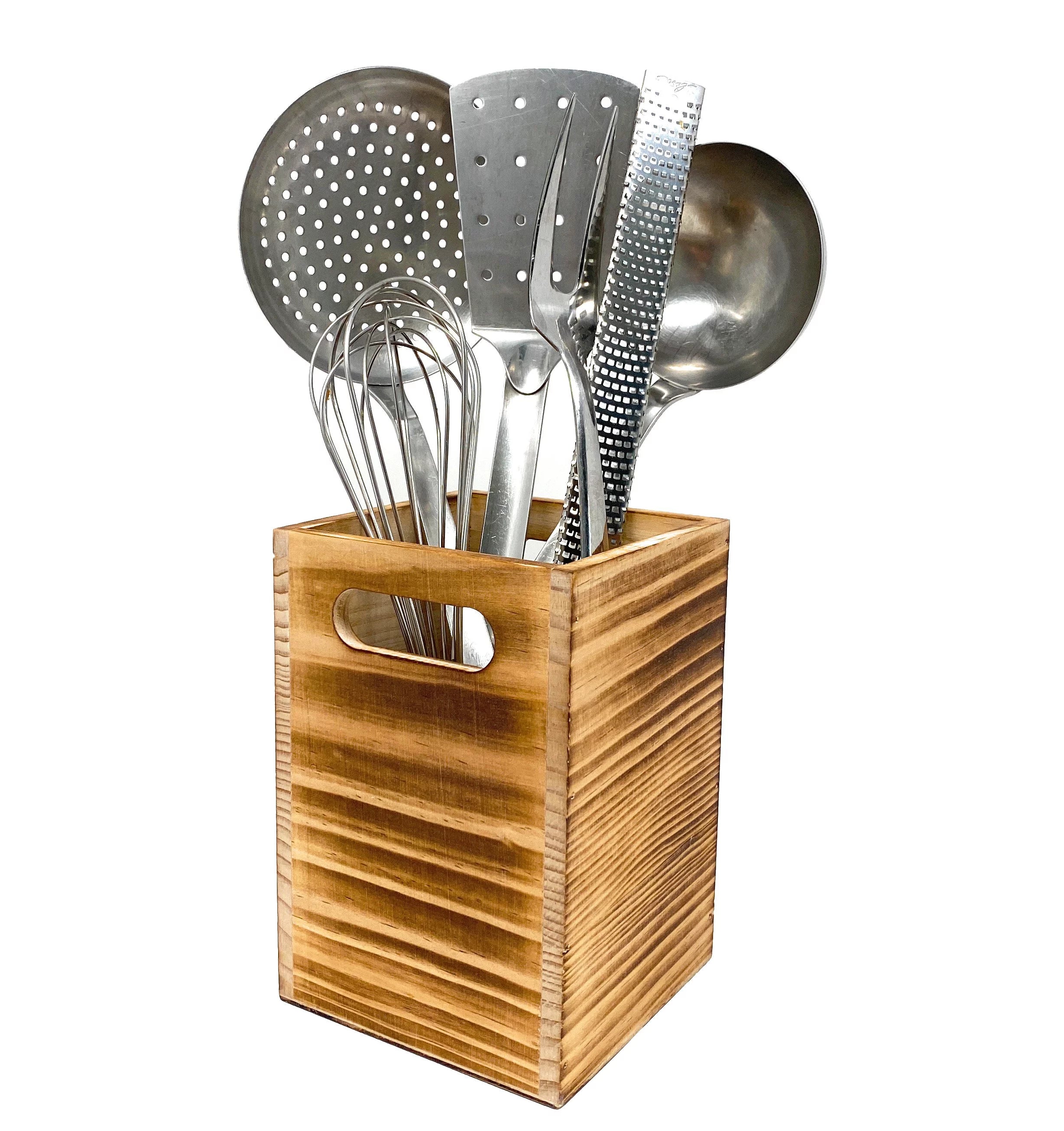 CB Accessories Utensil Holder in Rustic Wood for Cooking Tools Storage (Small)