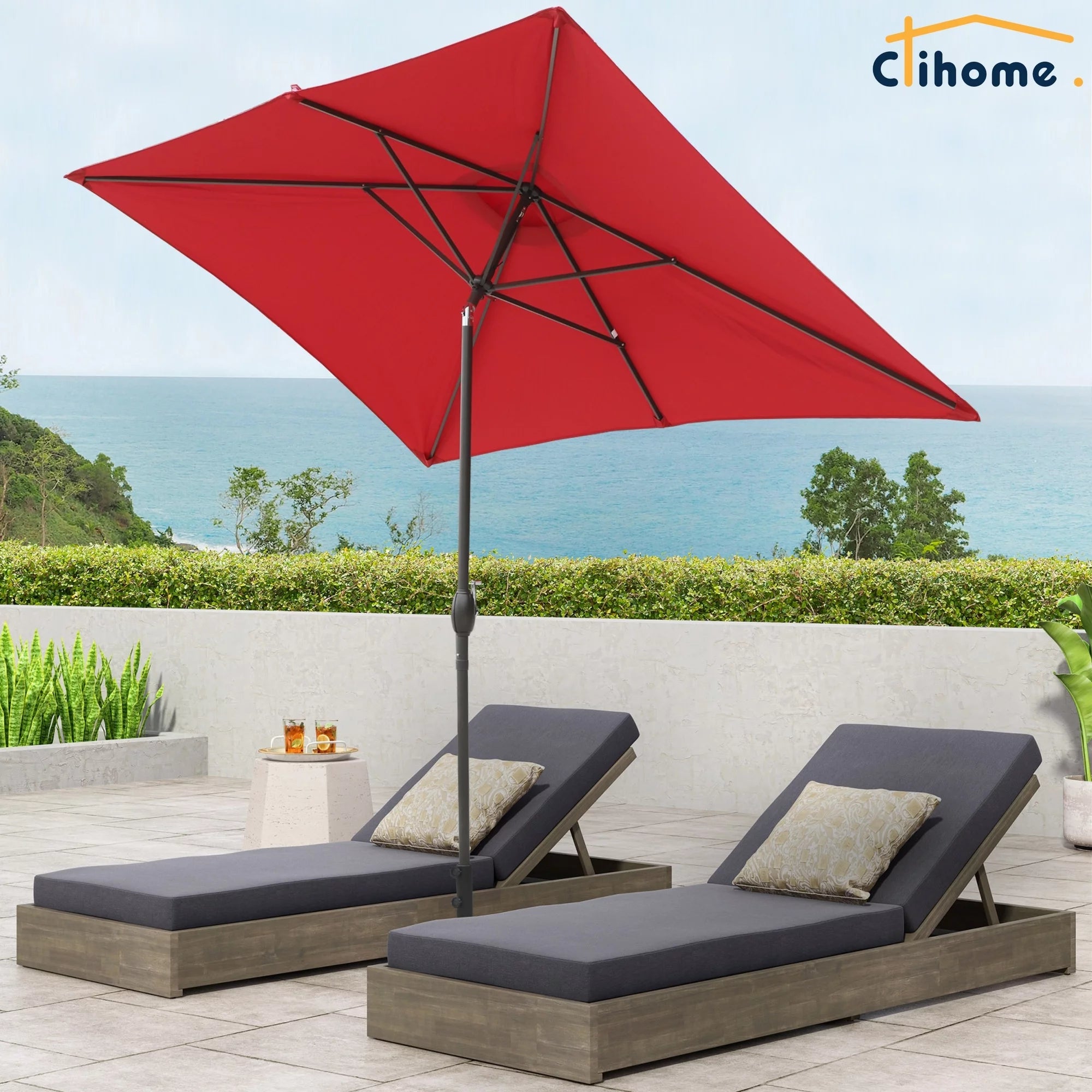 Clihome  10' x 6'5 Aluminum Rectangular Market Umbrella Red