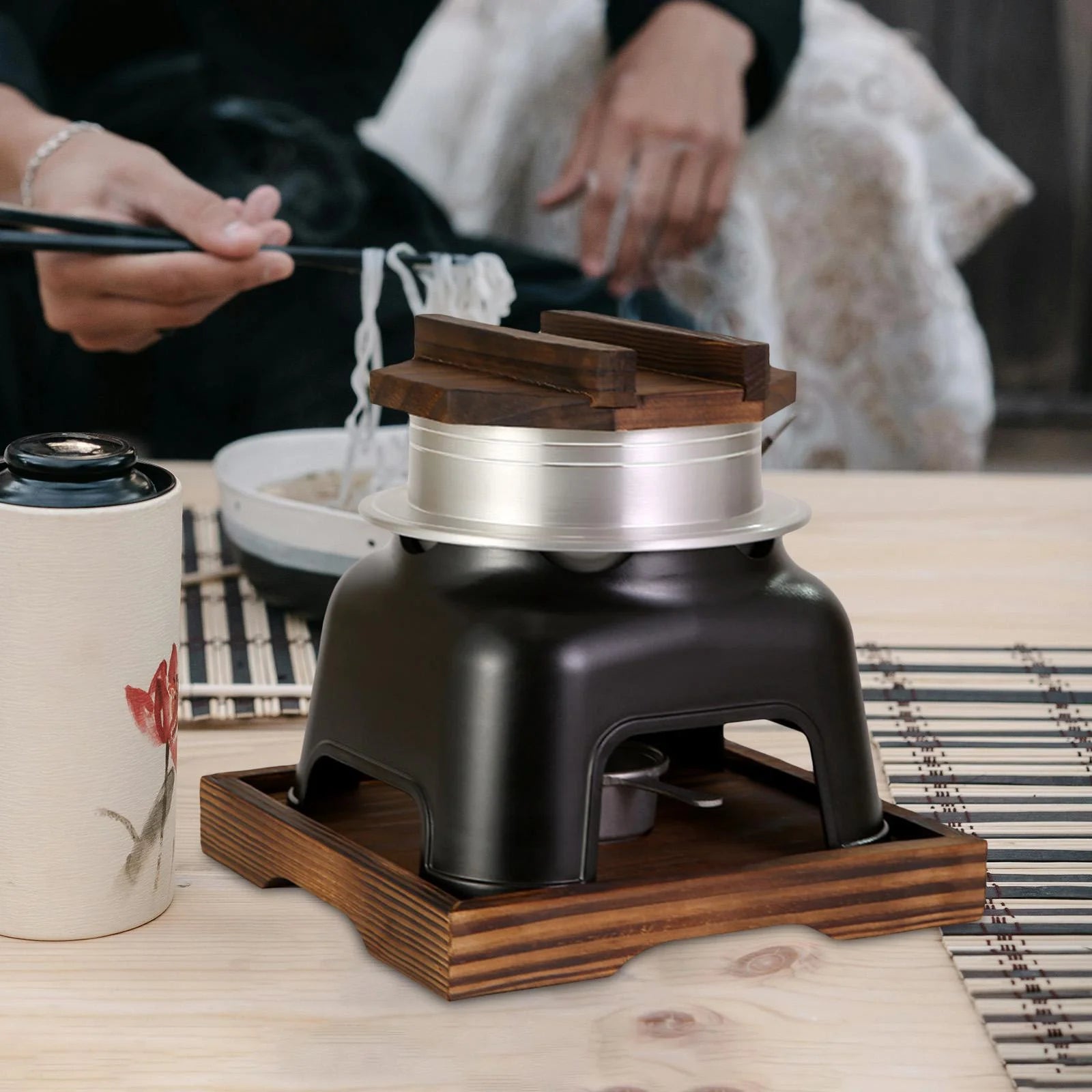 CUTICATE Japanese Rice Pot Cooking Pot Non Stick Multipurpose Set with Wooden Lid and Tray for Backpacking Camping Travel Party large