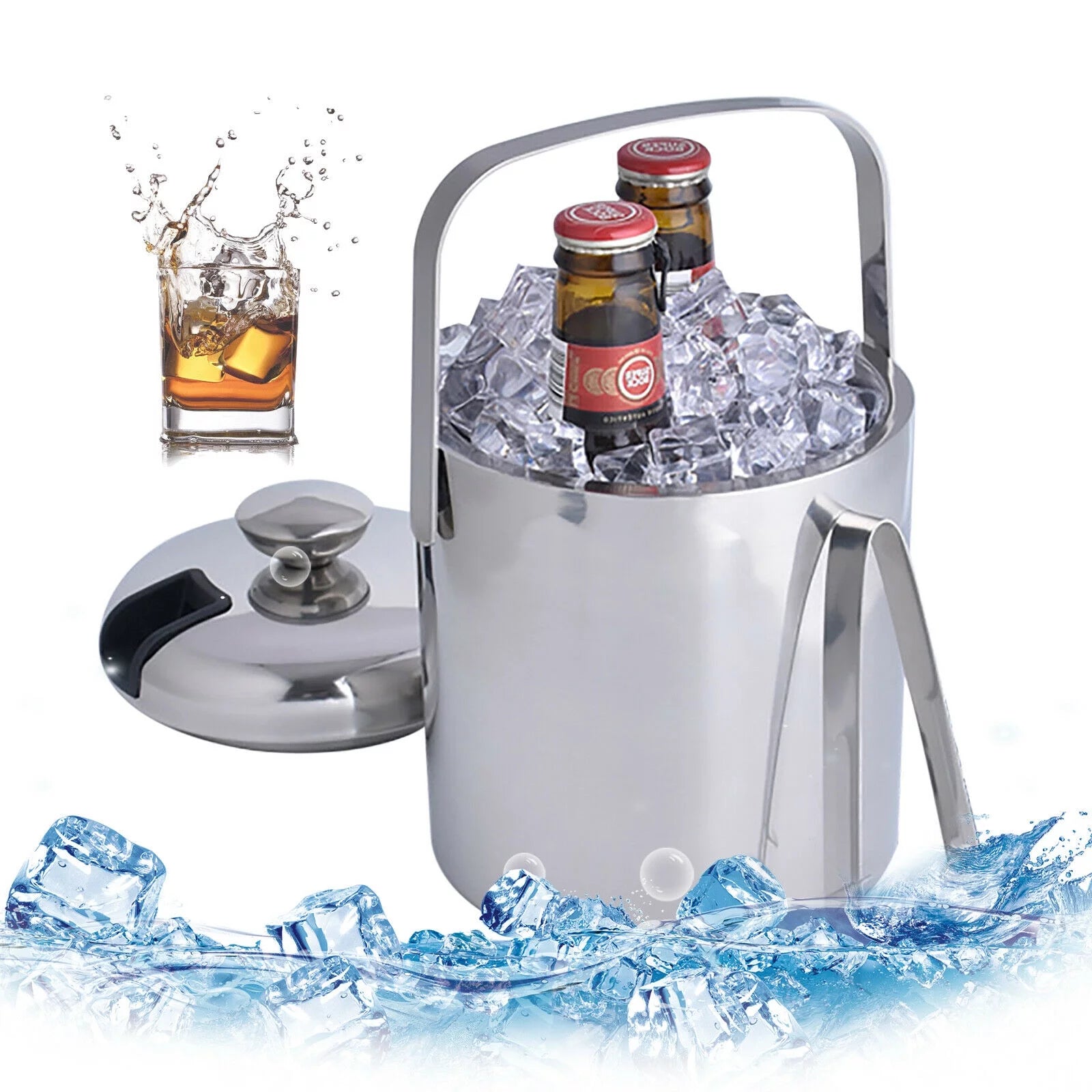 DENEST 1.3L Ice Bucket + Tongs Lid Insulated Double-layer 304 Stainless Steel Cooler